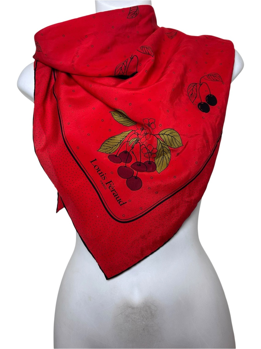 Louis Feraud red cherry print silk square scarf cosmopolitan France Paris
